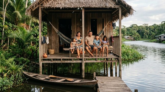 Brazilian ribeirinho family sitting on porch of stilt house by river