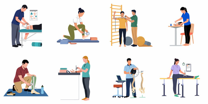 Set of Illustrations Showing Physiotherapists Conducting Physical Therapy Assessments and Rehabilitation Exercises Using Specialized Measuring Tools and Equipment.