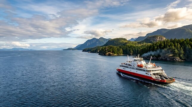 Red and white ferry boat cruising past scenic forested mountains