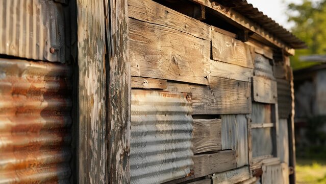 shack. Close-up of weathered wood and metal patches on a shack wall. real-estate listings, architecture portfolios, designed for real-estate listing and luxury residence showcases.
