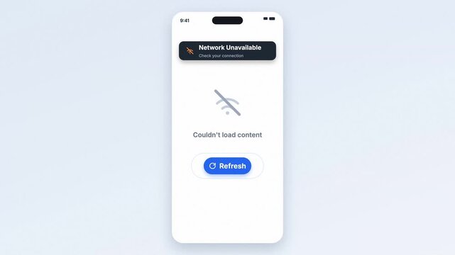 2D vector animation of smartphone screen UI with pulsing refresh button and Network Unavailable toast notification.