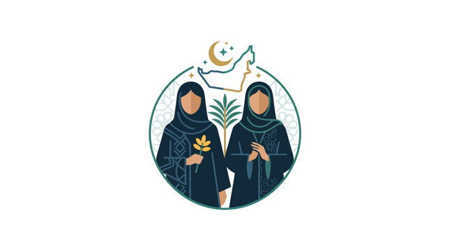 UAE National Day Illustration with Emirati Women in Traditional Abaya