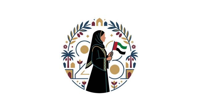 UAE National Day woman with flag in cultural decorative frame illustration
