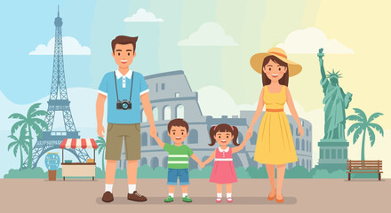 Obraz premium Happy Family Traveling Together Around The World Illustration