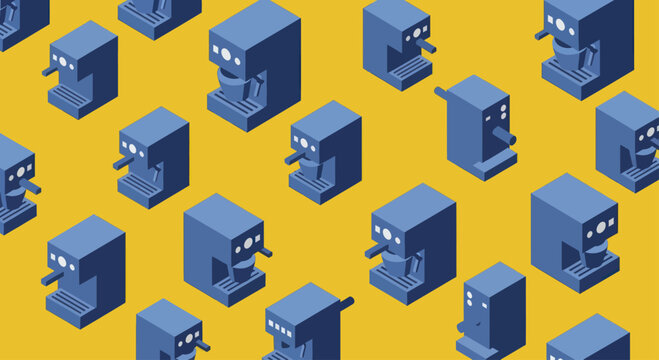 Isometric Coffee Machine Pattern on Yellow Background.