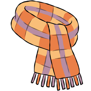 Cozy plaid scarf illustration, orange and purple tartan winter fringe scarf