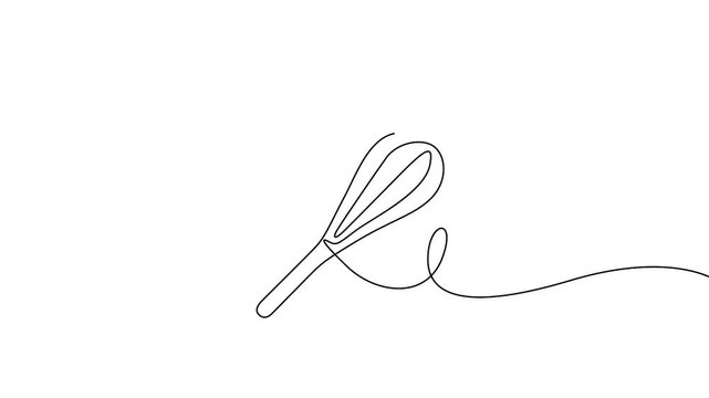 Whisk continuous line drawing animation for baking, cooking, and culinary menu concepts. Minimalist kitchen wire whisk self-drawing animation in clean single line art style.