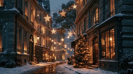 Fototapeta premium Paris France Europe lifestyle. A nighttime urban scene depicts a snowy street lined with historic Europeanstyle buildings. The buildings feature ornate facades, balconies, and windows.