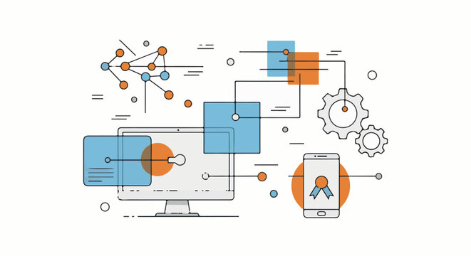 Infographic illustration with computer, phone, and gears