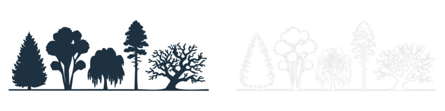 Row of mixed dark forest tree silhouettes vector graphic illustration bundle for natural outdoor landscape design