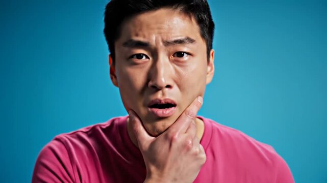 Asian man touching jaw with toothache on blue background