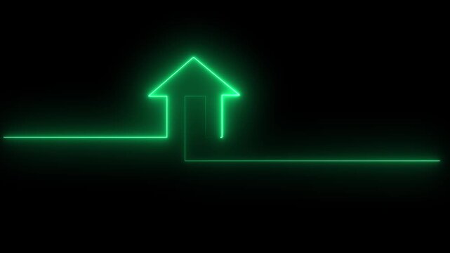 Abstract glowing neon green line tracing house symbol on black background loop