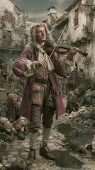 Fototapeta premium Paris France Europe lifestyle. A vivid portrayal of a man with long, wavy blonde hair playing a violin in an old, dilapidated street. He wears a red coat with intricate details, a white shirt.