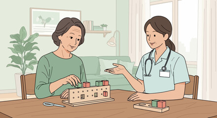 Fototapeta premium Elderly woman playing cognitive game with caregiver at home, healthy aging