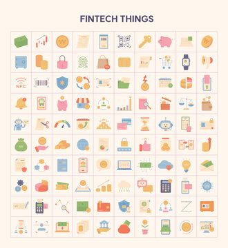 Collection of fintech and digital finance icons featuring payments, banking, security, investment, mobile wallets, and financial technology services.