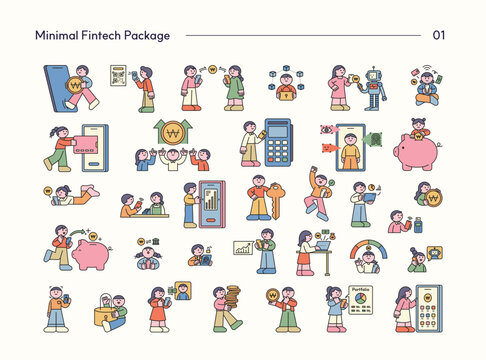 Minimal fintech character illustrations showing mobile payments, digital banking, investment, savings, security, AI finance, and fintech services.