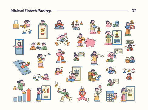 Minimal fintech character illustrations featuring digital payments, online banking, savings, investments, financial security, and money management.