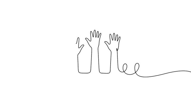 Raised hands continuous line drawing animation for volunteering, teamwork, and community concepts. Minimalist continuous line art animation of three hands raised up on a white background.