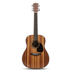 Naklejka premium Acoustic wooden guitar with detailed grain texture stands vertically against a clean white background perfect for music production