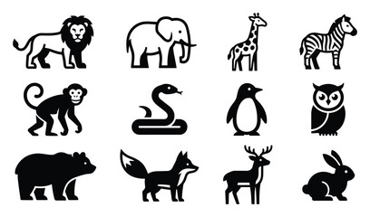Adobe illustrator artwork,Wild animal silhouettes vector icon collection with lion elephant giraffe zebra monkey penguin bear fox deer rabbit owl snake symbols isolated on white © Sami