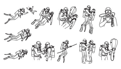 Fototapeta premium Scuba Divers Performing Underwater Rescue and Safety Procedures Vector Illustration Set for Diving School Training and Marine Safety Marketing