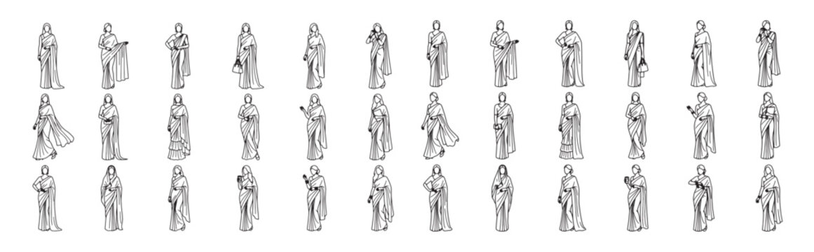 Indian Woman in Saree Walking and Standing Vector Illustration Set for Cultural Fashion Marketing, Ethnic Clothing Catalog Design and Heritage Industry Promotion