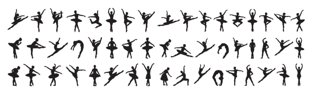 Ballet Dancer Silhouettes Performing Classical Dance Moves Vector Set for Performing Arts Marketing, Theater Promotion and Dance School Branding
