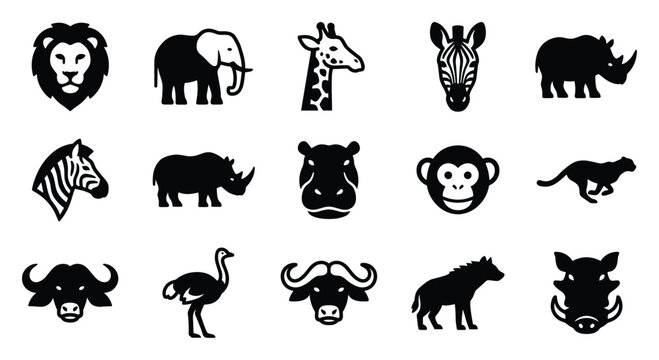 Adobe illustrator artwork,Wild animal head icon set with lion elephant giraffe zebra monkey tiger and buffalo isolated on white background, safari wildlife symbol vector illustration
