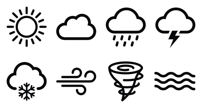 Adobe illustrator artwork,Weather outline icon set with sun cloud rain snow wind tornado lightning and waves isolated on white background, climate forecast line symbol vector illustration