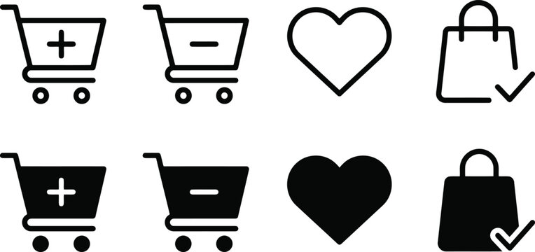 Modern e-commerce icons featuring shopping carts, heart shapes, and shopping bags in both bold solid and clean outline vector styles