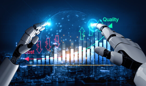 Futuristic Robotic Hands Analyzing Data Trends with Graphs Representing Quality and Cost in a Modern Urban Environment at Night. Bitwise.