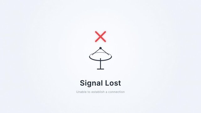 Simple elegant motion graphic of minimalist satellite dish searching for signal ending with Signal Lost typography.