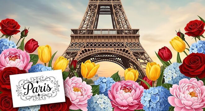 Romantic french landmark surrounded by vibrant spring flowers in paris