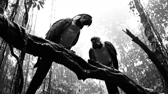 Black and white shot of two macaws perched on a branch in a rainforest with bright background