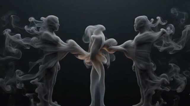 Abstract smoke figures connecting to spawn a glowing luminous entity, visualizing collaboration, synergy