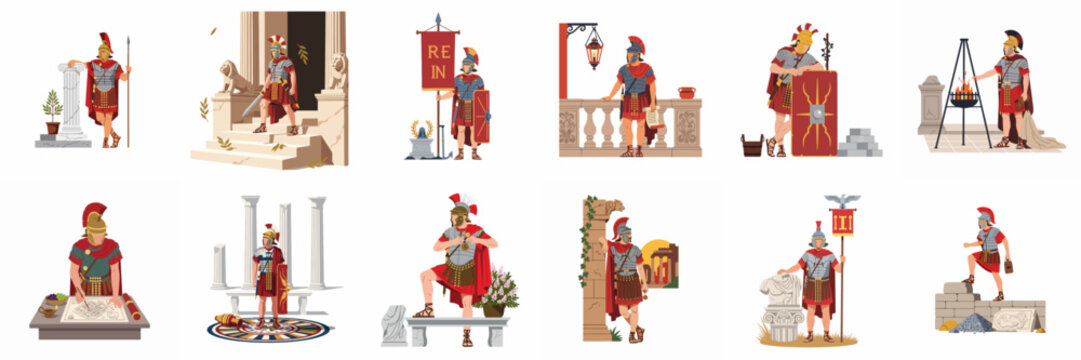 Collection of vector illustrations featuring ancient Roman soldiers in various daily life scenes, including military duties, planning, and guarding historical architectural sites.