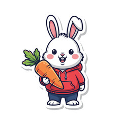 Obraz premium Cute White Bunny Wearing Red Hoodie Holding Large Carrot Sticker Illustration
