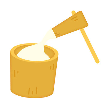 Cartoon Wooden Mortar and Pestle Making Mochi, Traditional Japanese Mochi Pounding with White Rice Cake