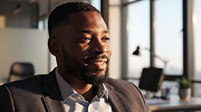 Smiling young Black businessman working in sunny modern office