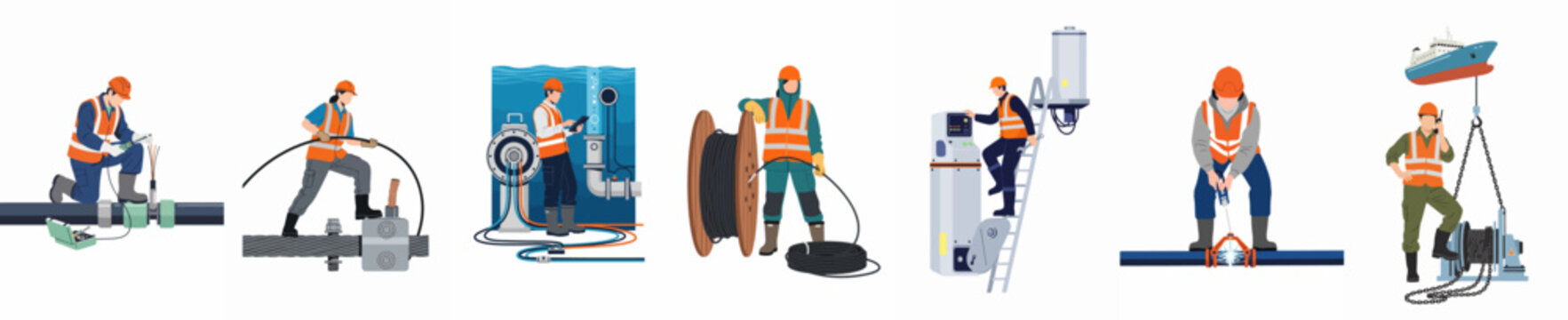 Subsea Engineering and Offshore Industry Workers Illustration Set Featuring Underwater Cable Laying, Pipeline Maintenance, and Marine Infrastructure Specialists