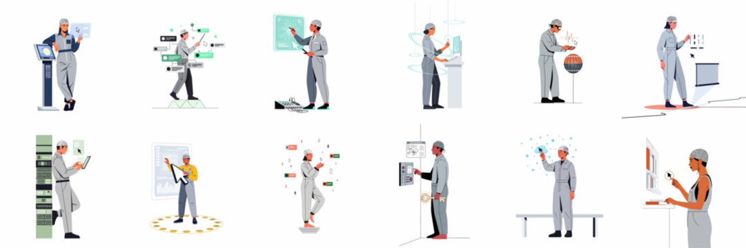 Flat Illustrations of Diverse Professionals Using Brain-Computer Interfaces to Manage Data, Servers, and Advanced Digital Systems in a Futuristic Industrial Environment.