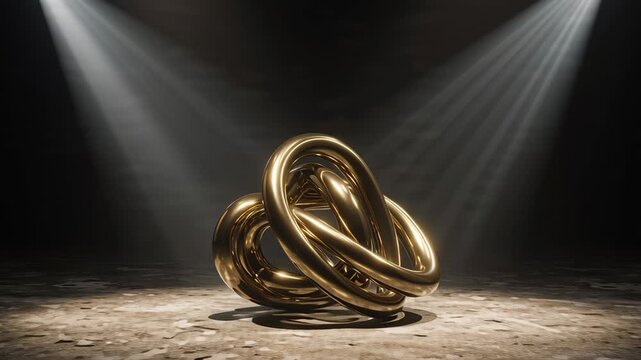 Golden Knot Sculpture Illuminated by Spotlights on Stage.