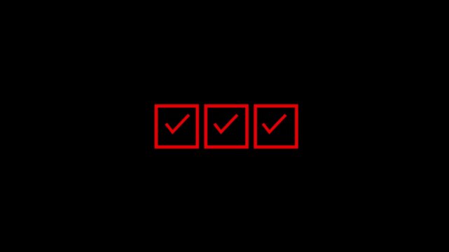 Red check mark sign tick in blank white square check boxes on black background. 4k video animation 