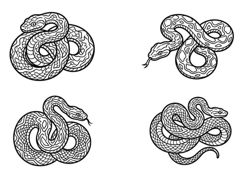 Intricate coiled snake drawing collection. Detailed black and white line art vector illustration set of dangerous wild reptiles with scale patterns.