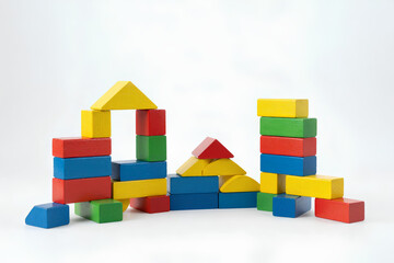 Fototapeta premium Bright multicolor building blocks stacked in playful arrangement, early childhood learning, creativity and motor skills concept, isolated on clean background