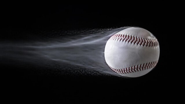 deformation. Baseball in mid-air showing deformation, isolated on dark background. event key visuals, club posters, designed for fitness apps and gym onboarding, used by event planners.