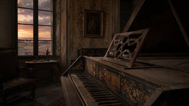harpsichord. Quiet room in an old castle at dusk, a dusty harpsichord in warm fading light. travel magazines, destination branding, designed for travel destination branding, used by brand managers.
