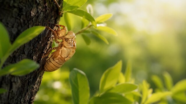 cicada. Empty cicada shell on tree bark with green leaves, symbolic transformation in soft morning light. gardening catalogs, home-decor guides, designed for home decor and floral branding.