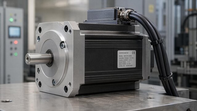 stepper. Large industrial stepper motor with metallic housing and bundled cables. safety posters, maintenance manuals, designed for precision metalworking and fabrication facilities.