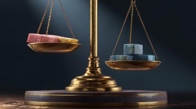 Weighing Worth: A detailed close-up of a vintage brass balance scale showcases stacks of colorful banknotes on one pan, juxtaposed with blue cubes on the other.